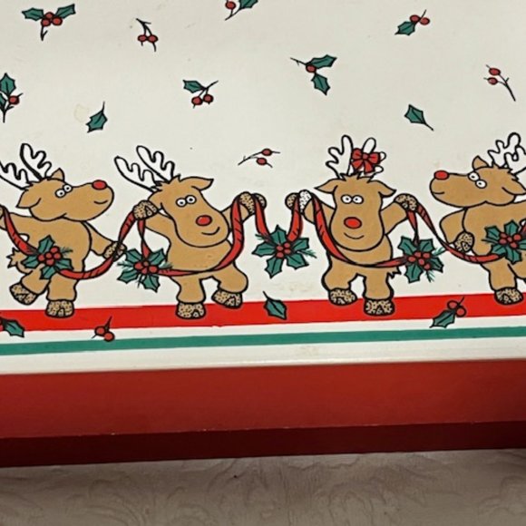 VTG Christmas Reindeer Dancing Ceramic Tile Trivet w/Red Wood Frame 7.25" - Picture 5 of 13